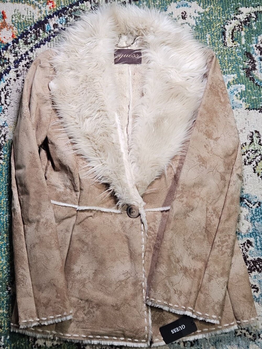 NWT Guess Beige Genuine Leather Faux Fur Collar Jacket S